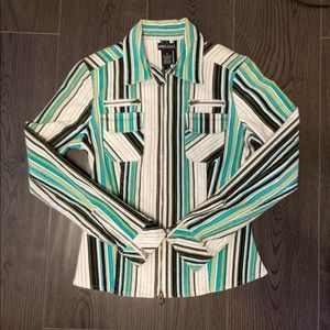 Vintage Wet Seal Women’s Striped Jacket Shirt S Turquoise White Black Zip Front